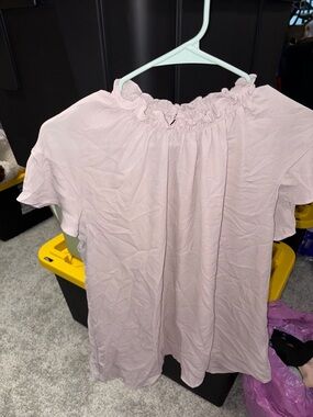 Express Light Pink Ruffle-Neck Short Sleeve Blouse